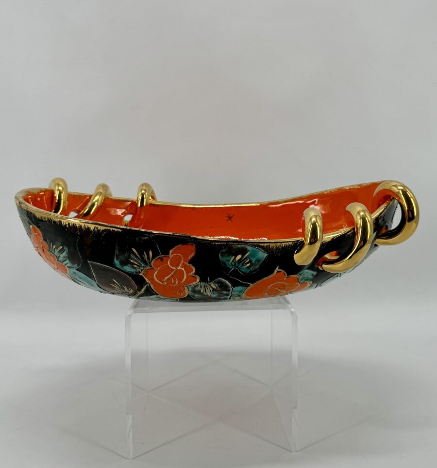 Grande Coupe Vallauris signée d’Hélène Ugo Orange Turquoise et Or